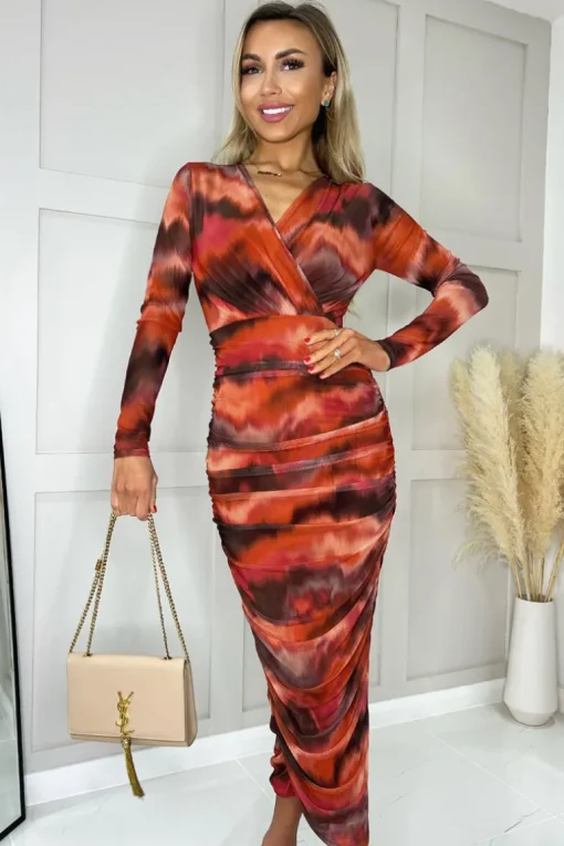 Rust Printed Wrap Top Mesh Long Sleeve Bodycon Midi Dress