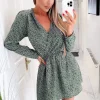 Sage And Black Printed Long Sleeve Mini Dress