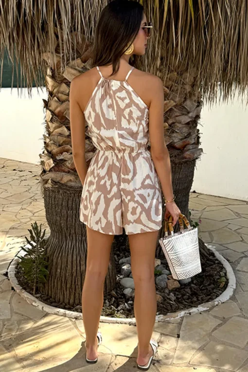 Stone And Cream Abstract Print Racer Neck Drawstring Playsuit