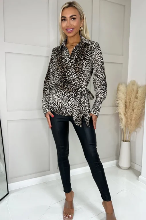 Stone Animal Print Tie Waist Wrap Shirt