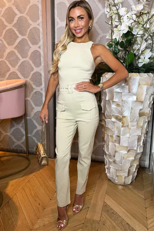 Stone Belted High Neck Cargo Jumpsuit