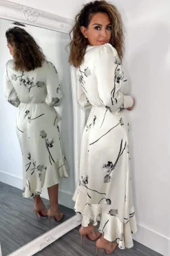 Stone Floral Printed Wrap Over Long Sleeve Dress