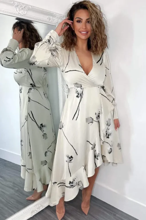 Stone Floral Printed Wrap Over Long Sleeve Dress