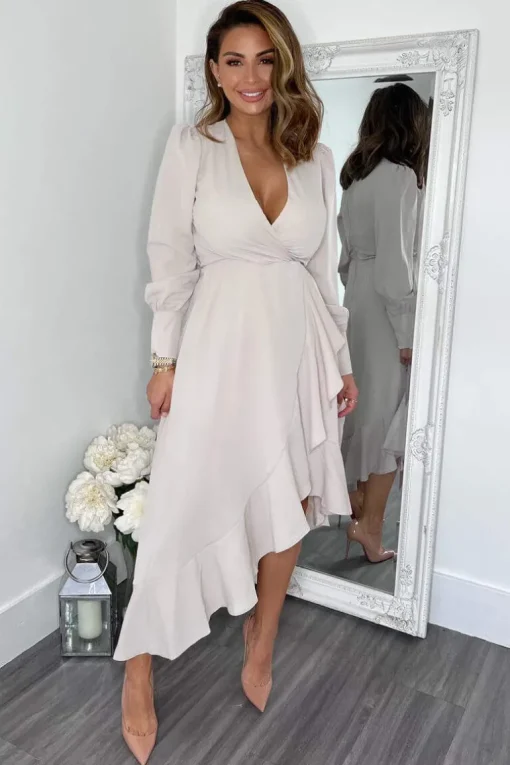 Stone Long Sleeve Frill Wrap Midi Dress
