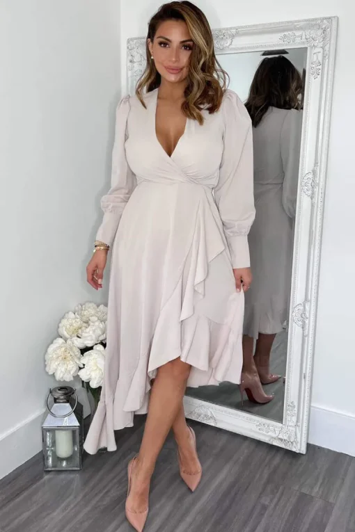 Stone Long Sleeve Frill Wrap Midi Dress