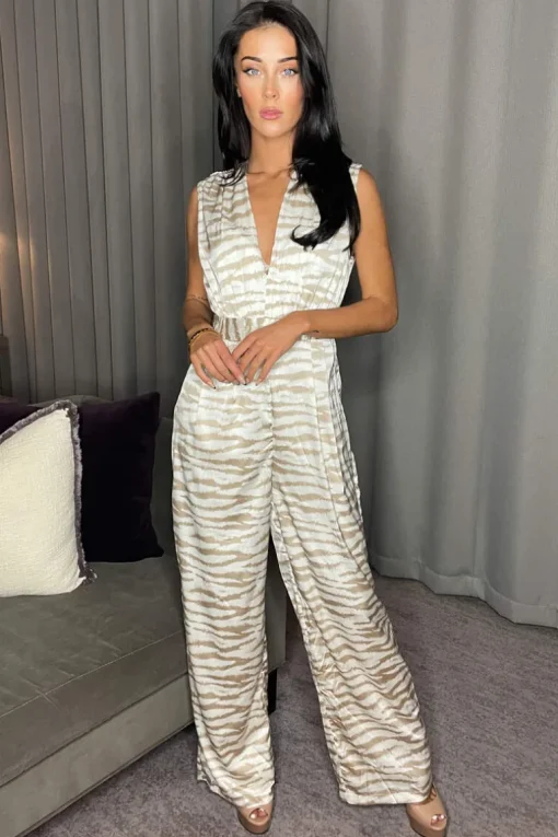 Stone Print V Neck Sleeveless Jumpsuit