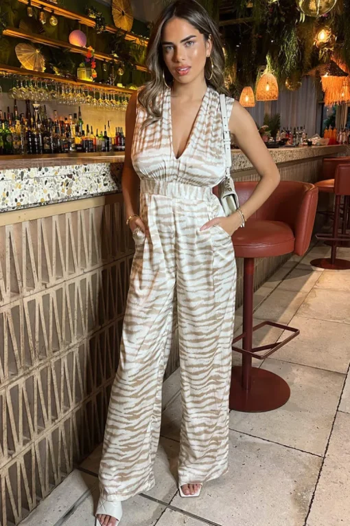 Stone Print V Neck Sleeveless Jumpsuit