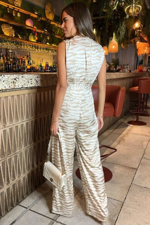 Stone Print V Neck Sleeveless Jumpsuit