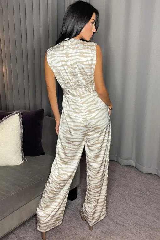Stone Print V Neck Sleeveless Jumpsuit