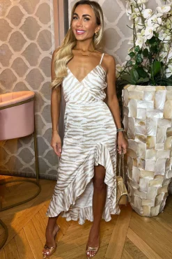 Stone Printed Frill Hem Strappy Midi Dress