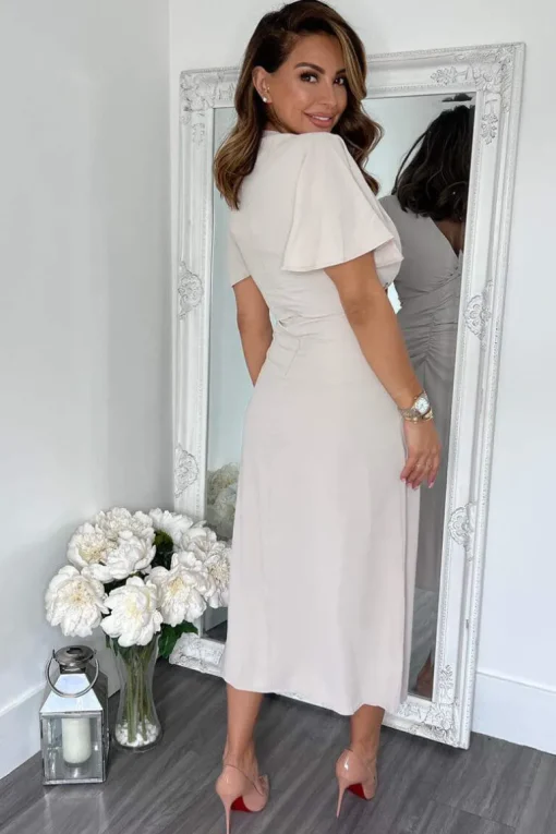 Stone Ruched Split Leg Midi Dress