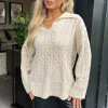 Stone V- Neck Collared Cable Knit Jumper