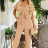 Stone V-Neck Short Sleeve Belted Elasticated Cuff Jumpsuit