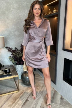 Taupe 3/4 Sleeves Gathered Waist Detail Satin Mini Dress