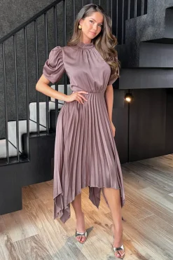 Taupe High Neck Puff Sleeve Zig Zag Hem Pleated Midi Dress