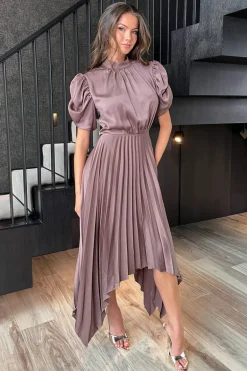 Taupe High Neck Puff Sleeve Zig Zag Hem Pleated Midi Dress