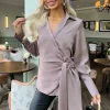 Taupe Satin Tie Waist Wrap Shirt