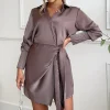 Taupe Satin Wrap Long Sleeve Mini Dress