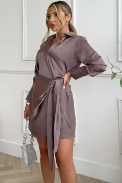 Taupe Satin Wrap Long Sleeve Mini Dress