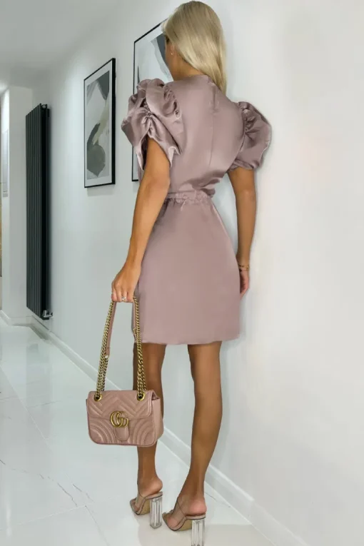 Taupe Short Puff Sleeve Gathered Side Mini Dress