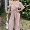 Taupe Wrap Top Short Sleeve Plisse Jumpsuit