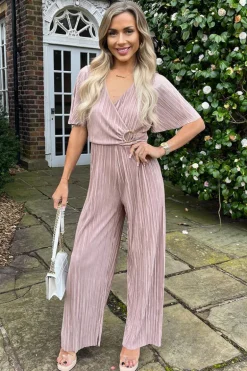 Taupe Wrap Top Short Sleeve Plisse Jumpsuit