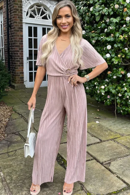 Taupe Wrap Top Short Sleeve Plisse Jumpsuit