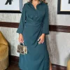 Teal 3/4 Sleeves Gathered Waist Shirt Midi Dress