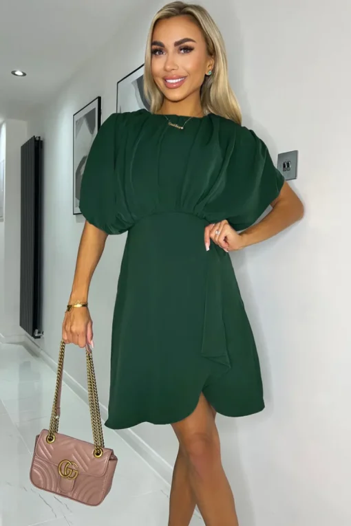 Teal Batwing Gathered Top Mini Dress