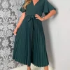 Teal Belted Pleated Skirt Midi Dress