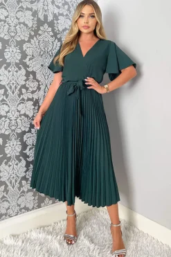 Teal Belted Pleated Skirt Midi Dress
