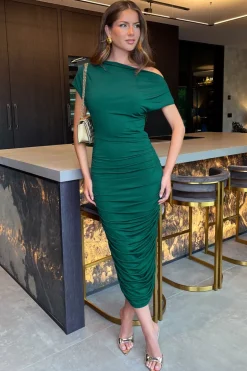 Teal Draped Top Ruched Midi Dress