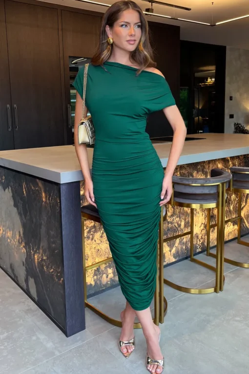 Teal Draped Top Ruched Midi Dress