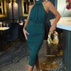 Teal Halter Neck Ruched Bodycon Midi Dress