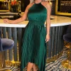 Teal Halter Neck Zig Zag Hem Pleated Midi Dress