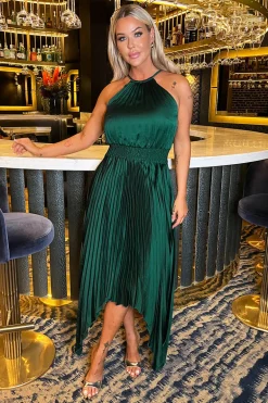 Teal Halter Neck Zig Zag Hem Pleated Midi Dress