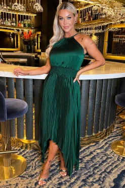 Teal Halter Neck Zig Zag Hem Pleated Midi Dress