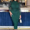 Teal High Neck Long Sleeve Ruched Bodycon Mesh Midi Dress