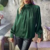 Teal High Neck Satin Long Sleeve Top