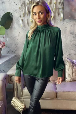 Teal High Neck Satin Long Sleeve Top