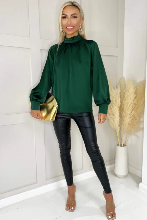 Teal High Neck Satin Long Sleeve Top