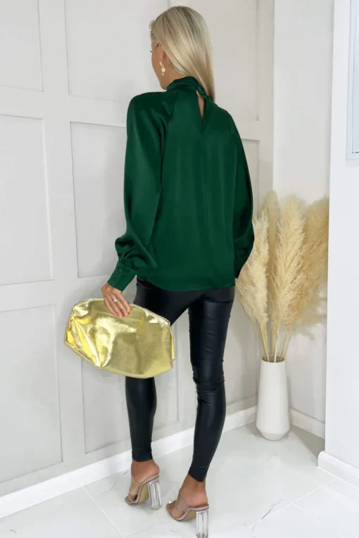 Teal High Neck Satin Long Sleeve Top