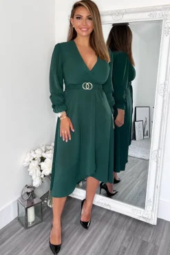Teal Long Sleeve Belted Midi Dress