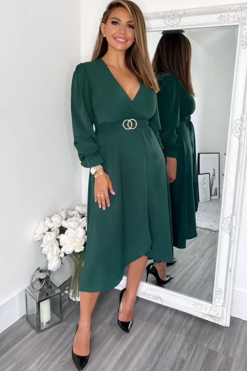 Teal Long Sleeve Belted Midi Dress