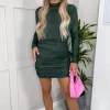 Teal Long Sleeve Ruched High Neck Shimmer Bodycon Mini Dress