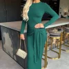 Teal Long Sleeve Sash Bodycon Midi Dress