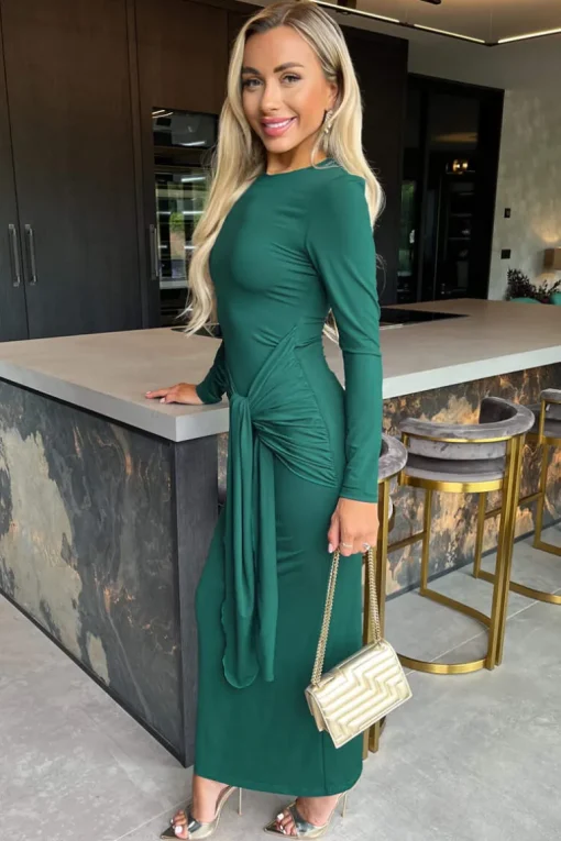 Teal Long Sleeve Sash Bodycon Midi Dress