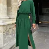 Teal Long Sleeve Shirred Detail Midi Dress
