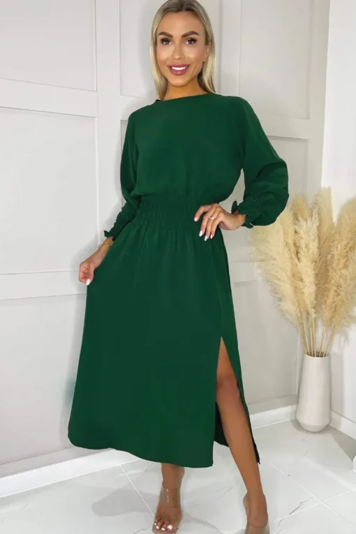 Teal Long Sleeve Shirred Detail Midi Dress