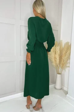Teal Long Sleeve Shirred Detail Midi Dress